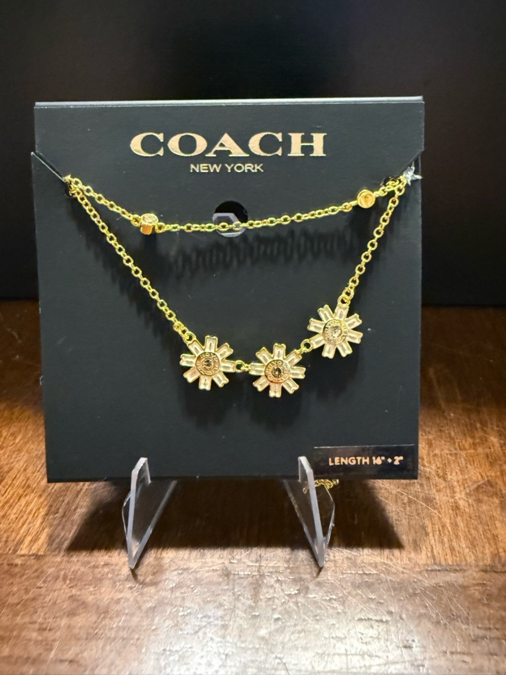 NEW Coach New York Gold Tone Triple Daisy Flower Crystal Layered Necklace 16"+2" - Picture 2 of 5